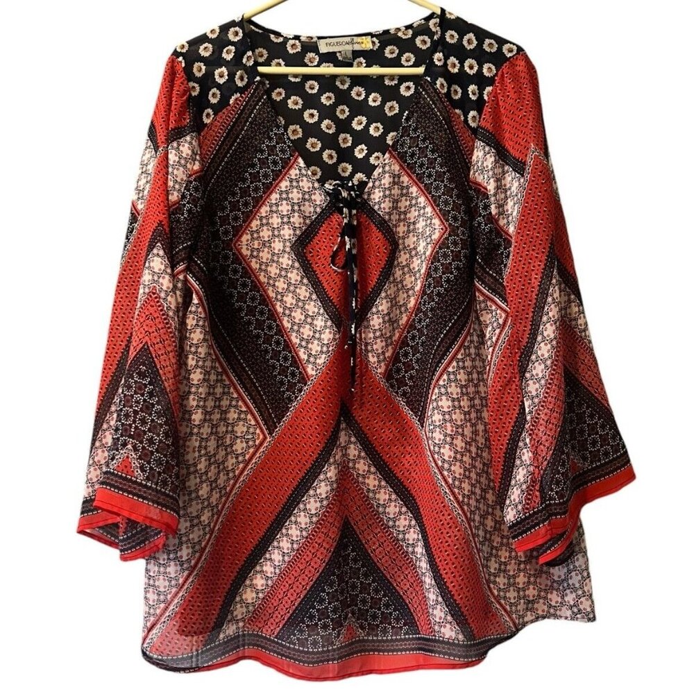 Figueroa & Flower Blouse Shirt Women Size Large Boho Tunic Floral Patchwork